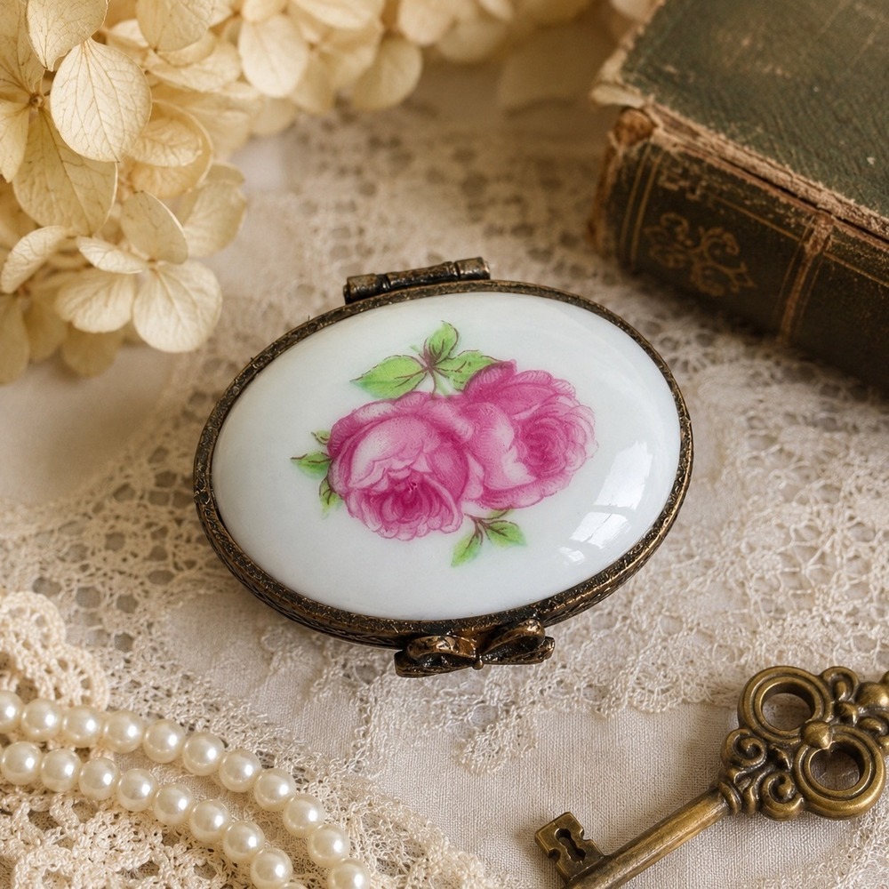 Vintage Reutter Porzellan West Germany Rose Porcelain Hinged Trinket Pill Box